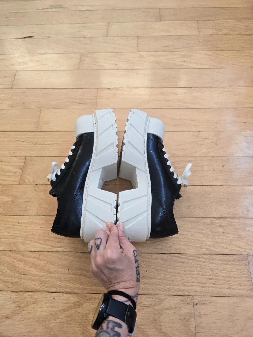 SMFK | Compass Mode Black Thick Leather White Cap Toe Platform Sneakers WMS 8.5